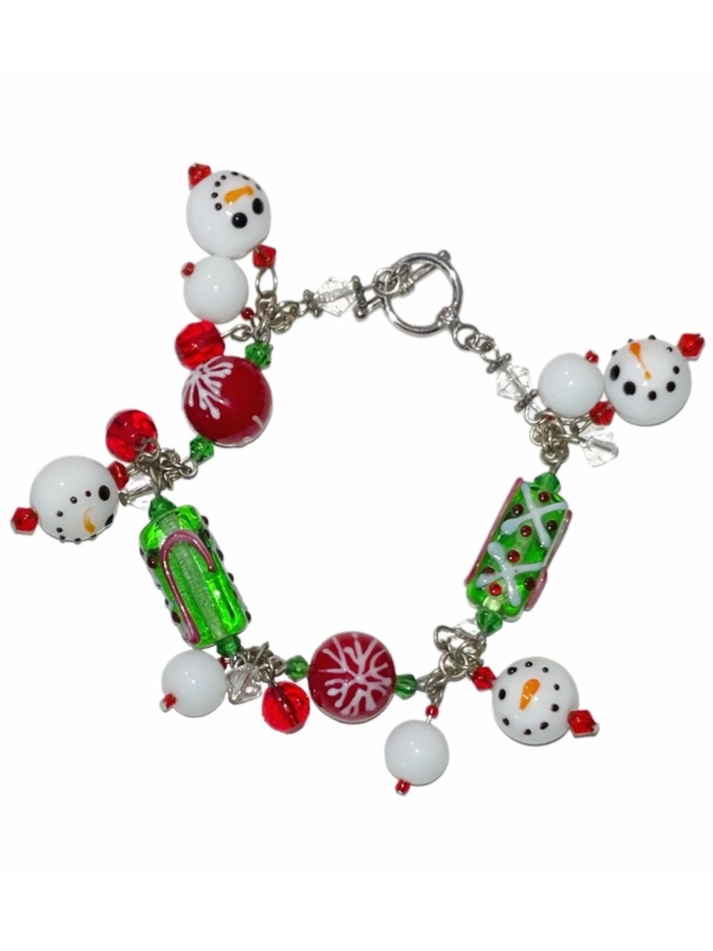 Christmas Motif Charm Bracelet With Painted Glass Beads